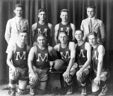 Monticello 1919 basketball team. Coach Waldo Dick;  R. Forward, William Amstutz; Sub.  Myron Stair; Trainer, Cloyance. Karlen,Center & Captain Fred. Stauffacher 1918-1919; R. Guard, Clarence Babler; L. Guard, A. Loveland; L. Forward, Clarence Freitag; Sub. Edgar Wright. Winners of cup for best appearance at Platteville tournament 1919.